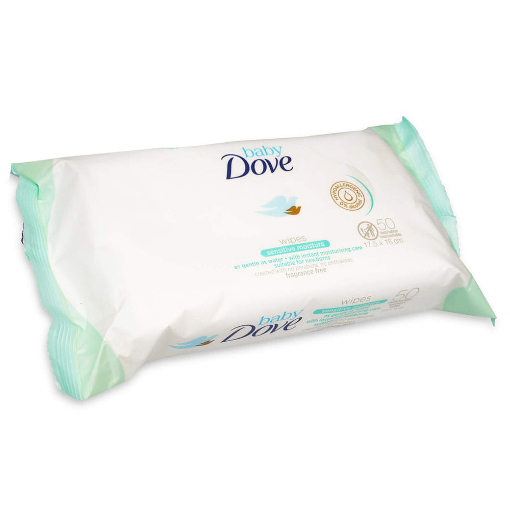 Dove Baby Wipes Sensitive Moisture pack-12 shown for newborn care with fragrance-free, hypoallergenic moisture