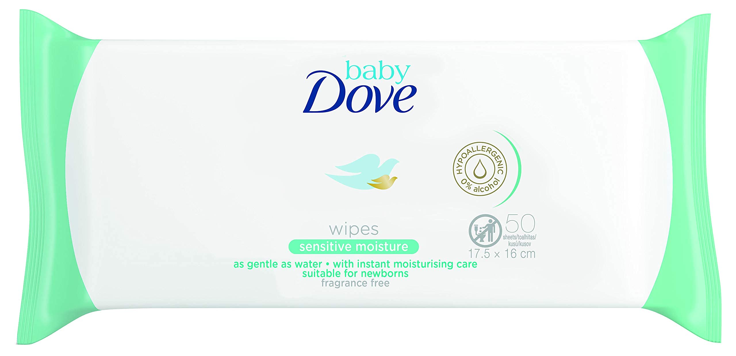 Dove Baby Wipes Sensitive Moisture pack of six for gentle cleansing of newborn skin.