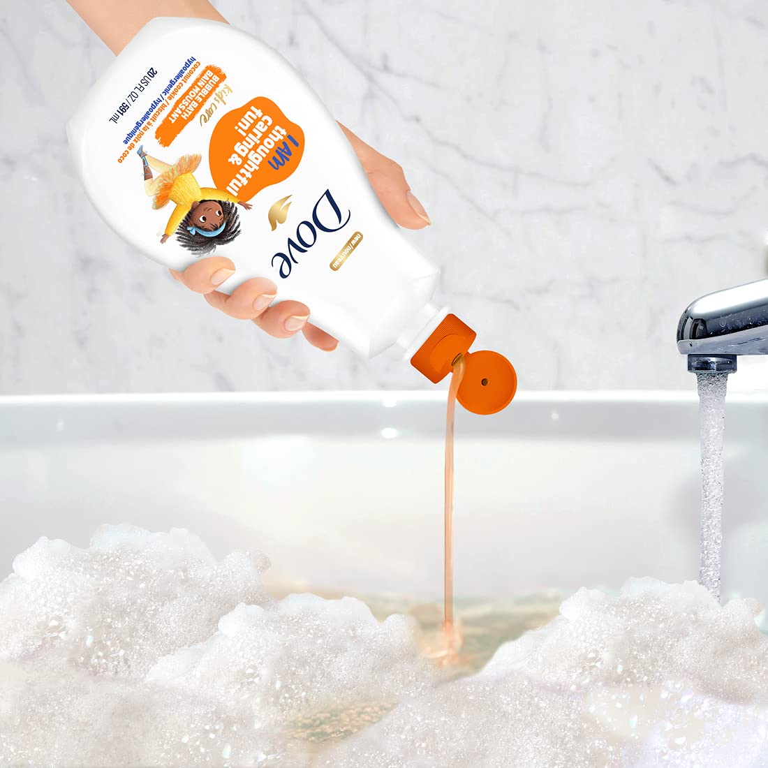 Dove Kids Care Bubble Bath Coconut Cookie nutrients label highlights skin-natural ingredients