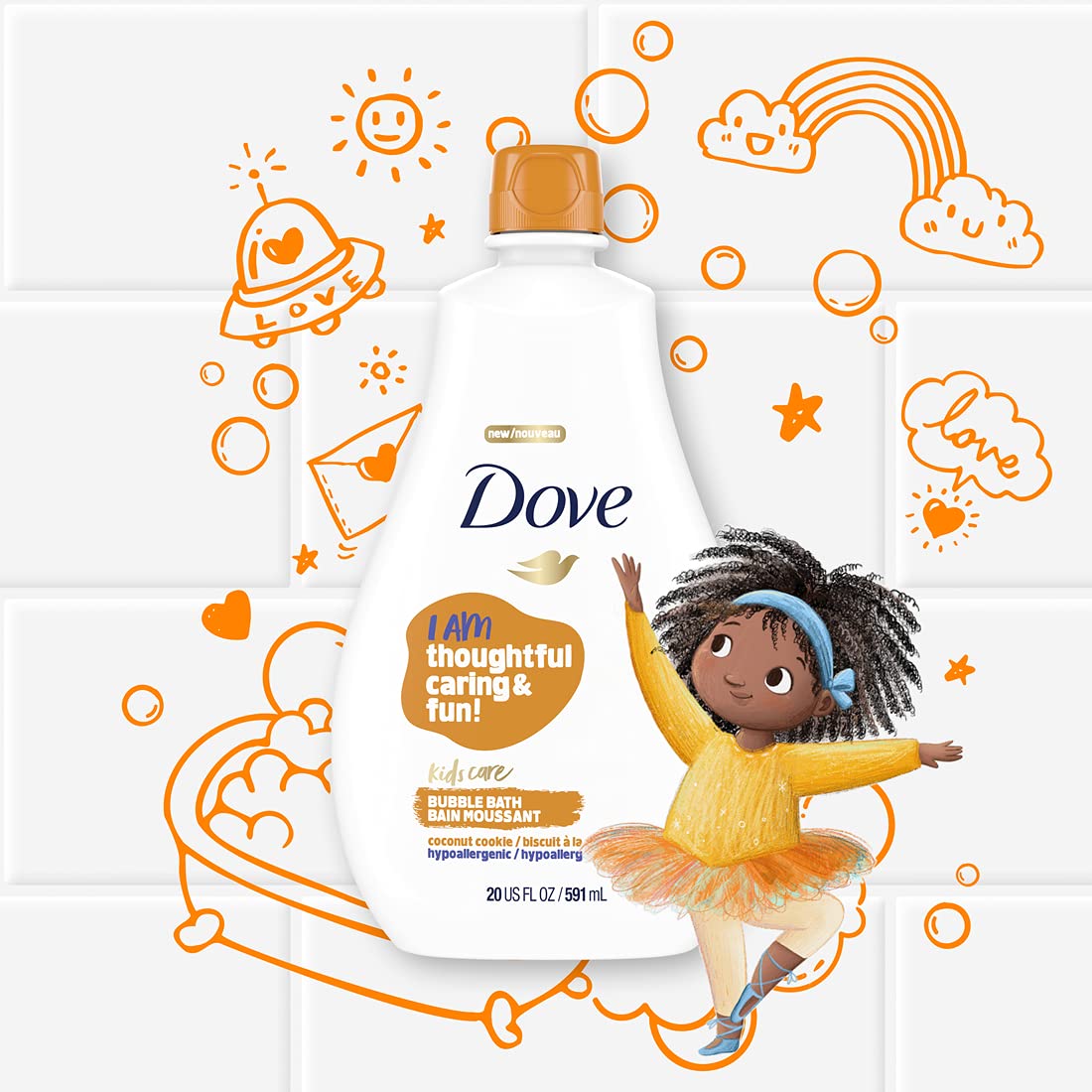 Dove Kids Care Bubble Bath Coconut Cookie tear-free label emphasizes gentle bath experience