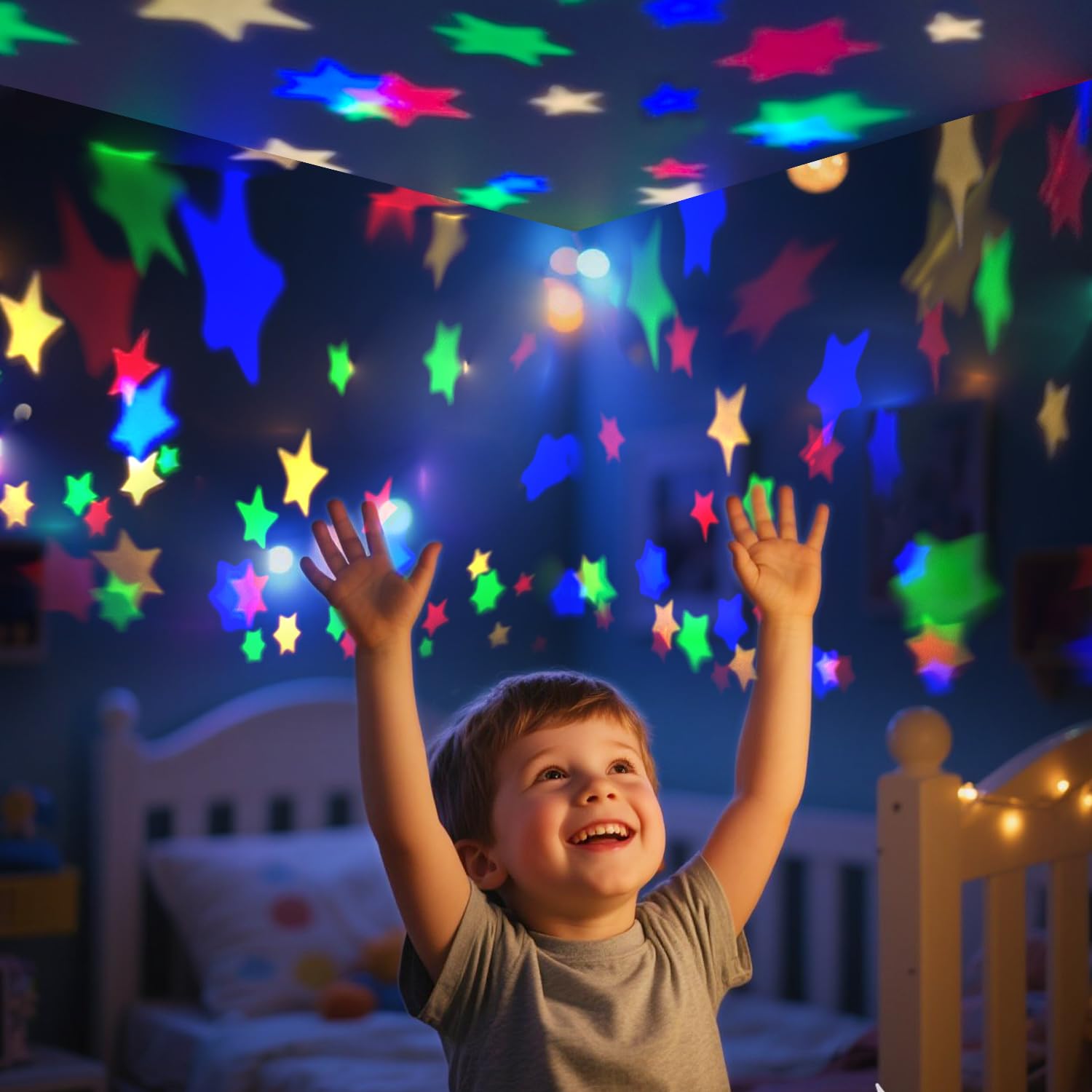DQMOON 360-degree star projector fills the ceiling with a quiet starry sky.