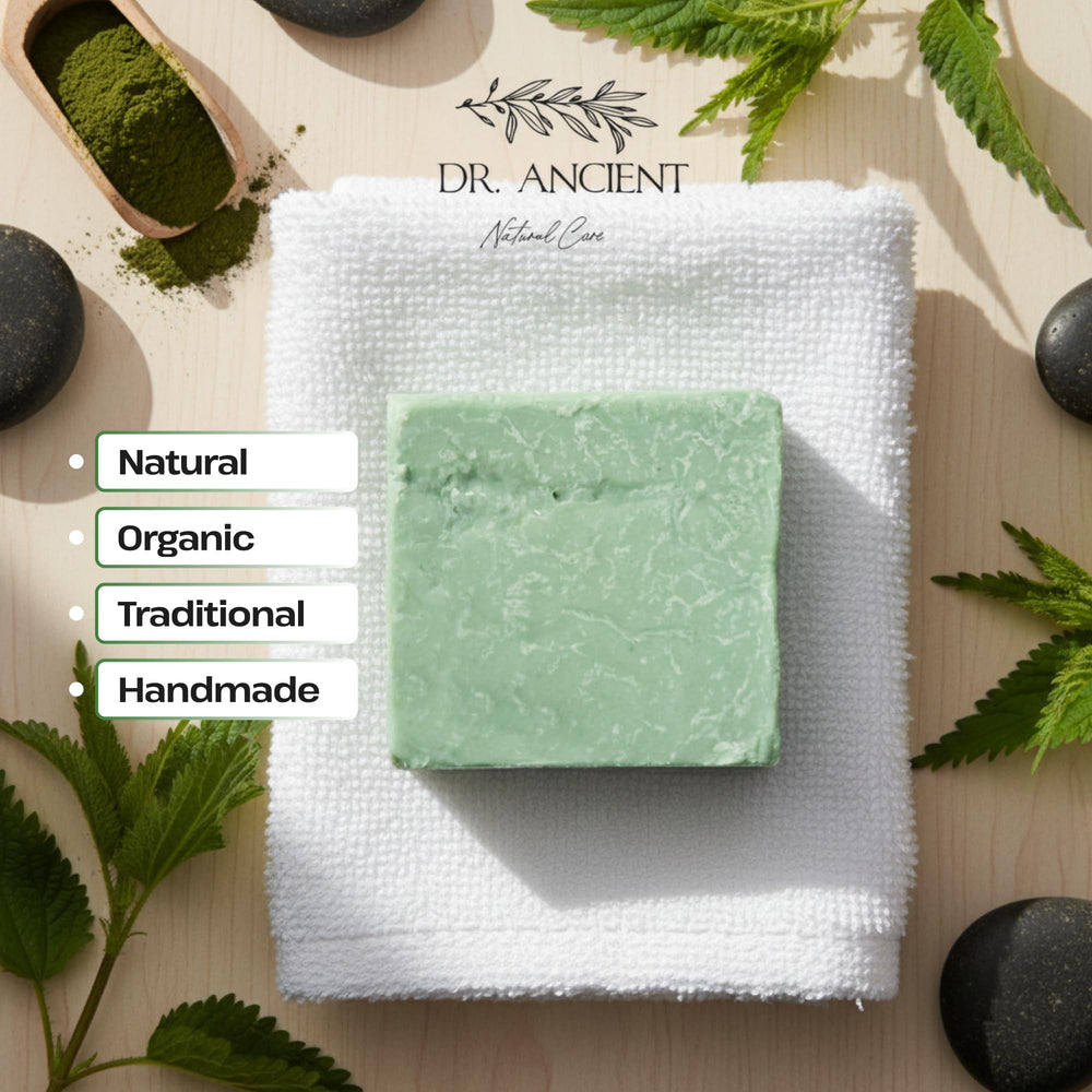 Dr.Ancient soap bar on bathroom shelf signaling natural care