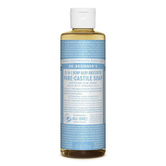 Dr. Bronner's Baby Soap Liquid Castile bottle shown for gentle multi-use cleaning and body care.