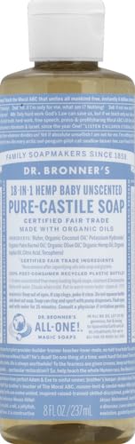 Dr. Bronner's Baby Soap Liquid Castile pour demonstrates easy dilution for kid-friendly bath and cleaning.