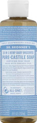 Dr. Bronner's Baby Soap Liquid Castile pour demonstrates easy dilution for kid-friendly bath and cleaning.