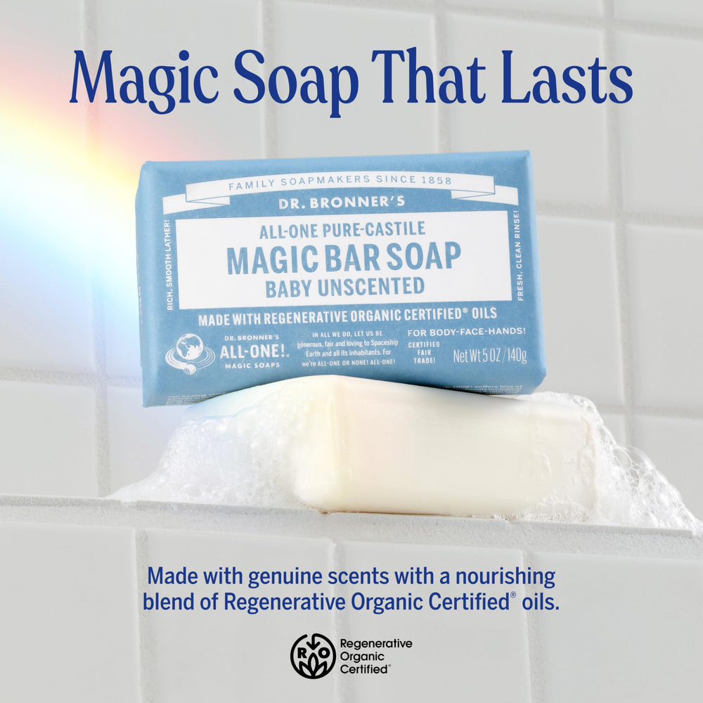 Dr. Bronner's Baby Unscented Bar used on face, hair, and body for sensitive skin