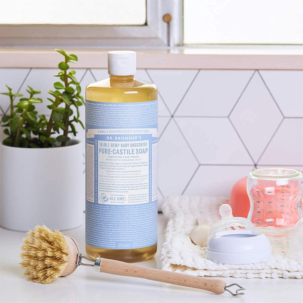 Dr. Bronner's Baby Unscented closeup showing plant-based cleansing without additives.