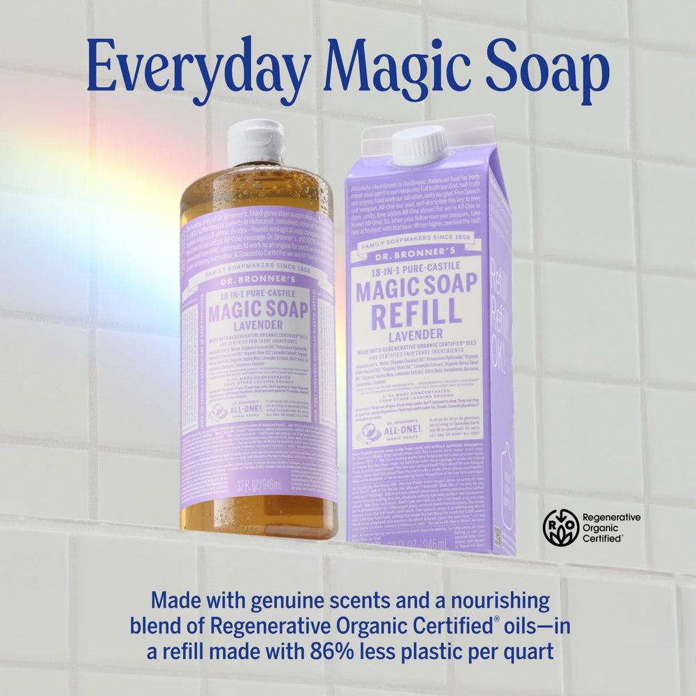 Dr. Bronner's Lavender label close-up highlights organic oils and fair-trade ingredients.