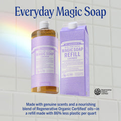 Dr. Bronner's Lavender label close-up highlights organic oils and fair-trade ingredients.