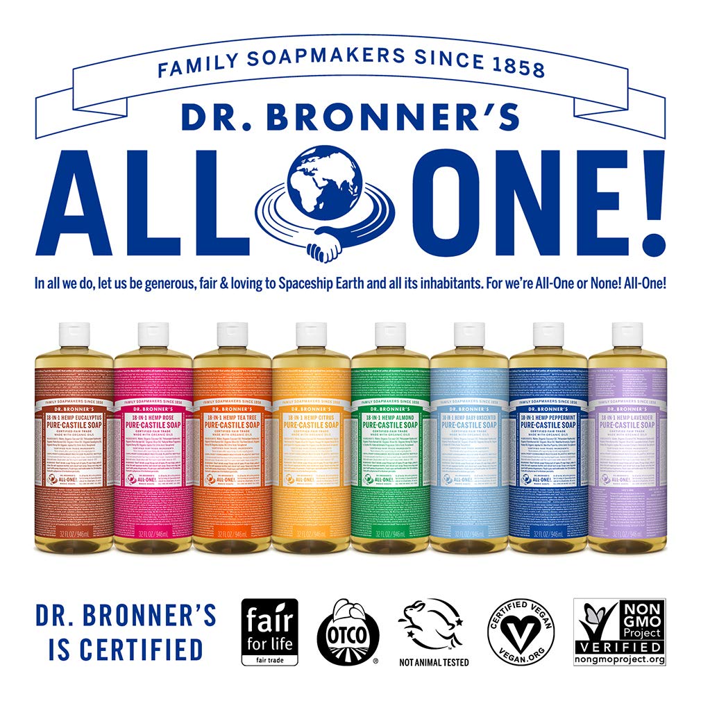 Dr. Bronner's multipurpose uses chart illustrates laundry, dishes, and surfaces.