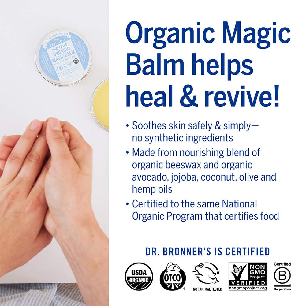 Dr. Bronner's Organic Magic Balm face-body-use highlights multi-tasking moisturization for dry skin