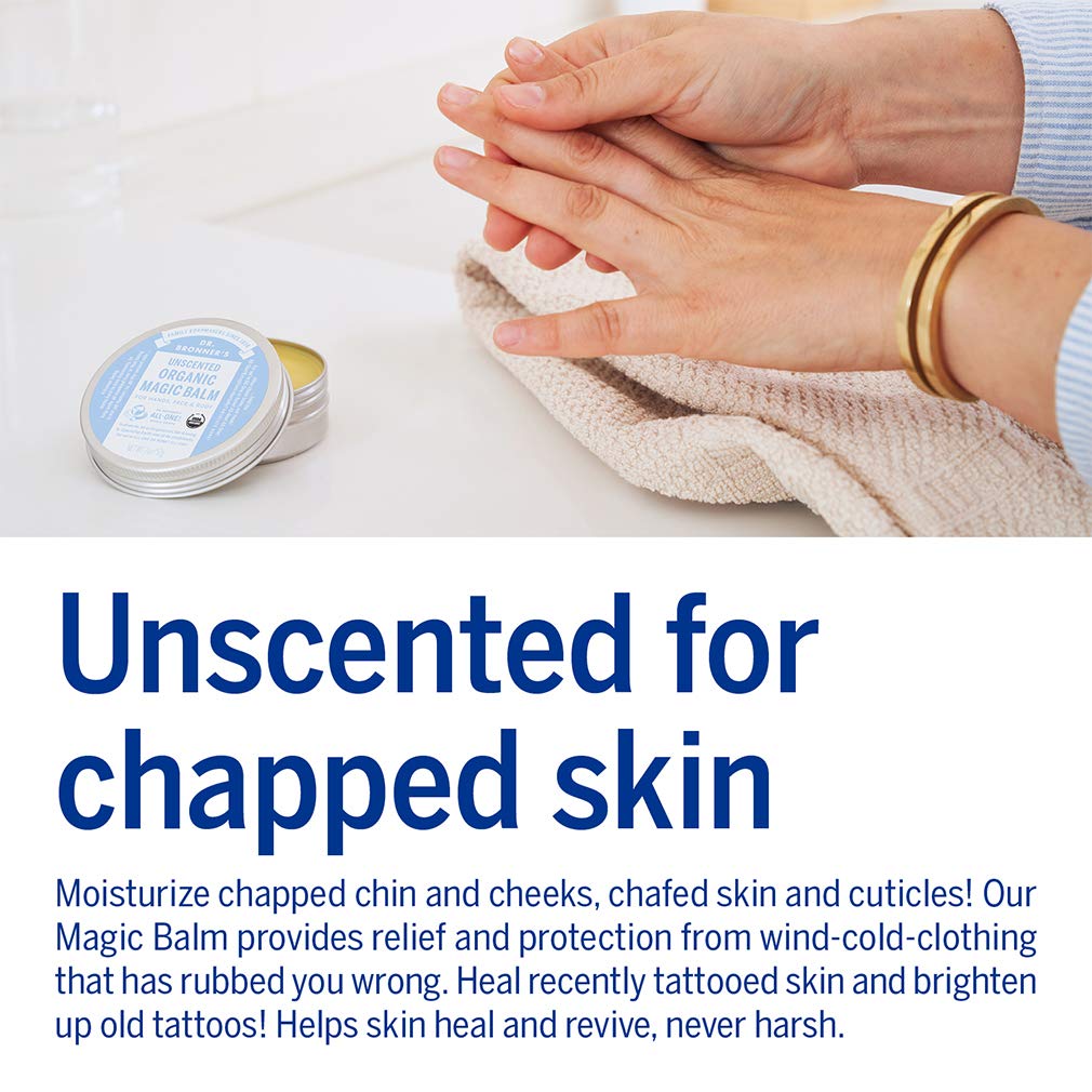 Dr. Bronner's Organic Magic Balm hands-application shows easy, gentle rubbing for daily skin comfort