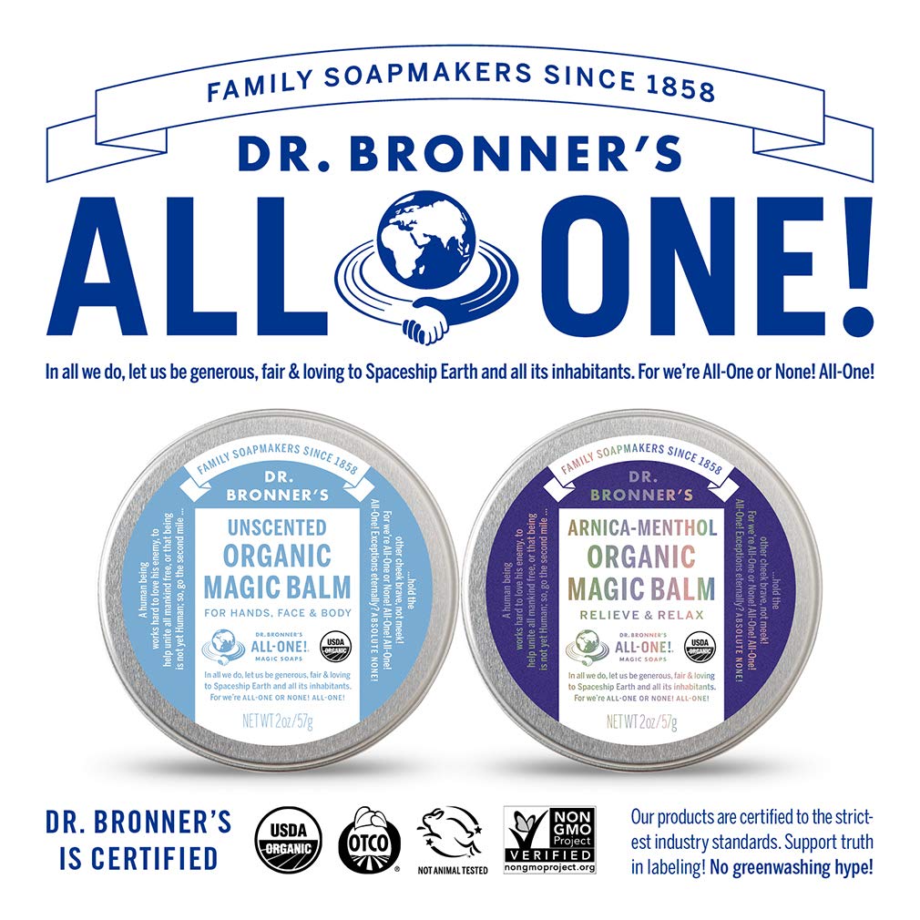 Dr. Bronner's Organic Magic Balm ingredients-beeswax-hemp show protective, nourishing components