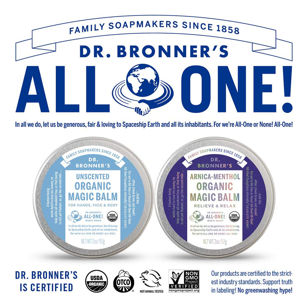 Dr. Bronner's Organic Magic Balm ingredients-beeswax-hemp show protective, nourishing components