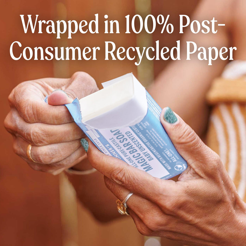Dr. Bronner's packaging with post-consumer recycled wrappers reinforces sustainable packaging.