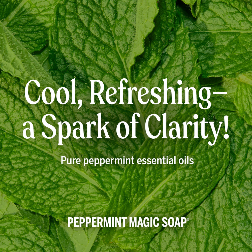 Dr. Bronner’s Peppermint bottle close-up shows rich body wash lather.