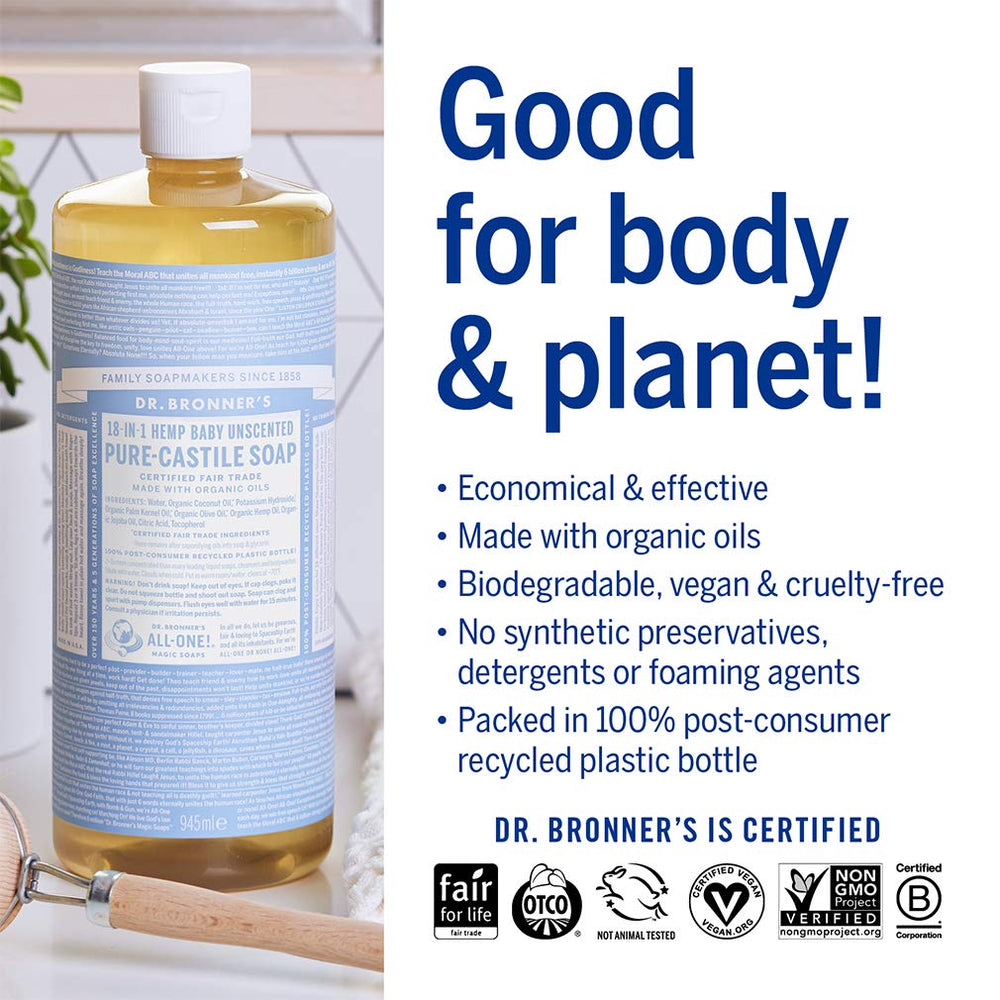 Dr. Bronner's post-consumer plastic bottle highlights recycled packaging.
