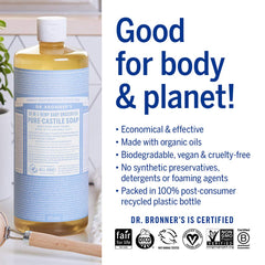 Dr. Bronner's post-consumer plastic bottle highlights recycled packaging.