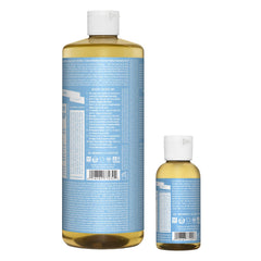 Dr. Bronner's Baby Unscented 2oz travel bottle for on-the-go cleansing.