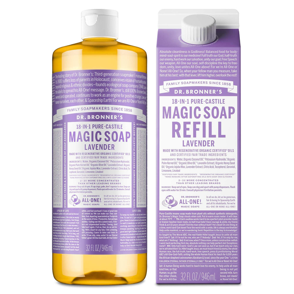 Dr. Bronner's Lavender Pure-Castile bottle demonstrates rich lather for skin cleansing.