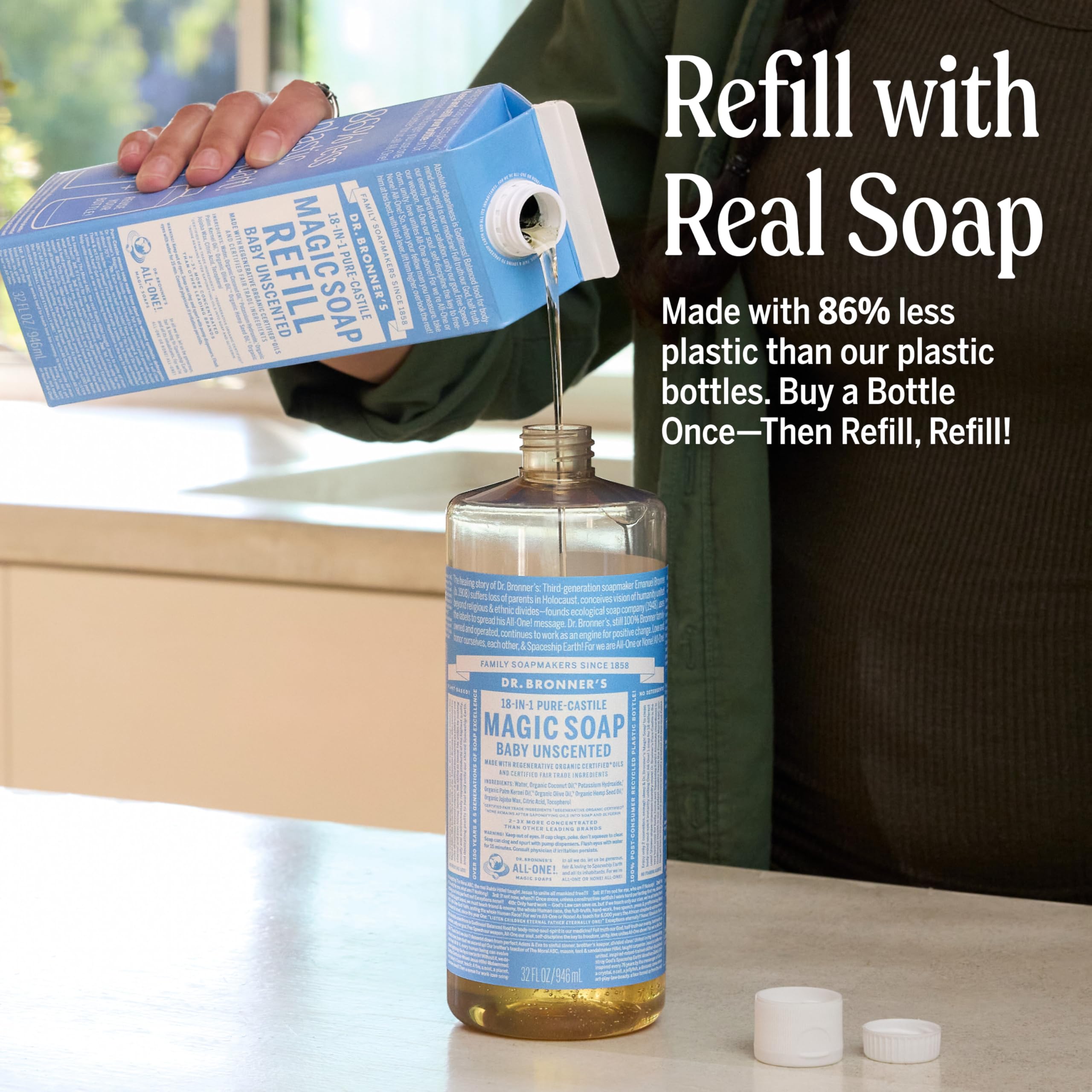 Dr. Bronner's refill carton illustrating eco-friendly packaging and reduced waste