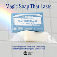 Dr. Bronner's Pure-Castile Magic Bar Baby Unscented rich lather for face and body cleansing.
