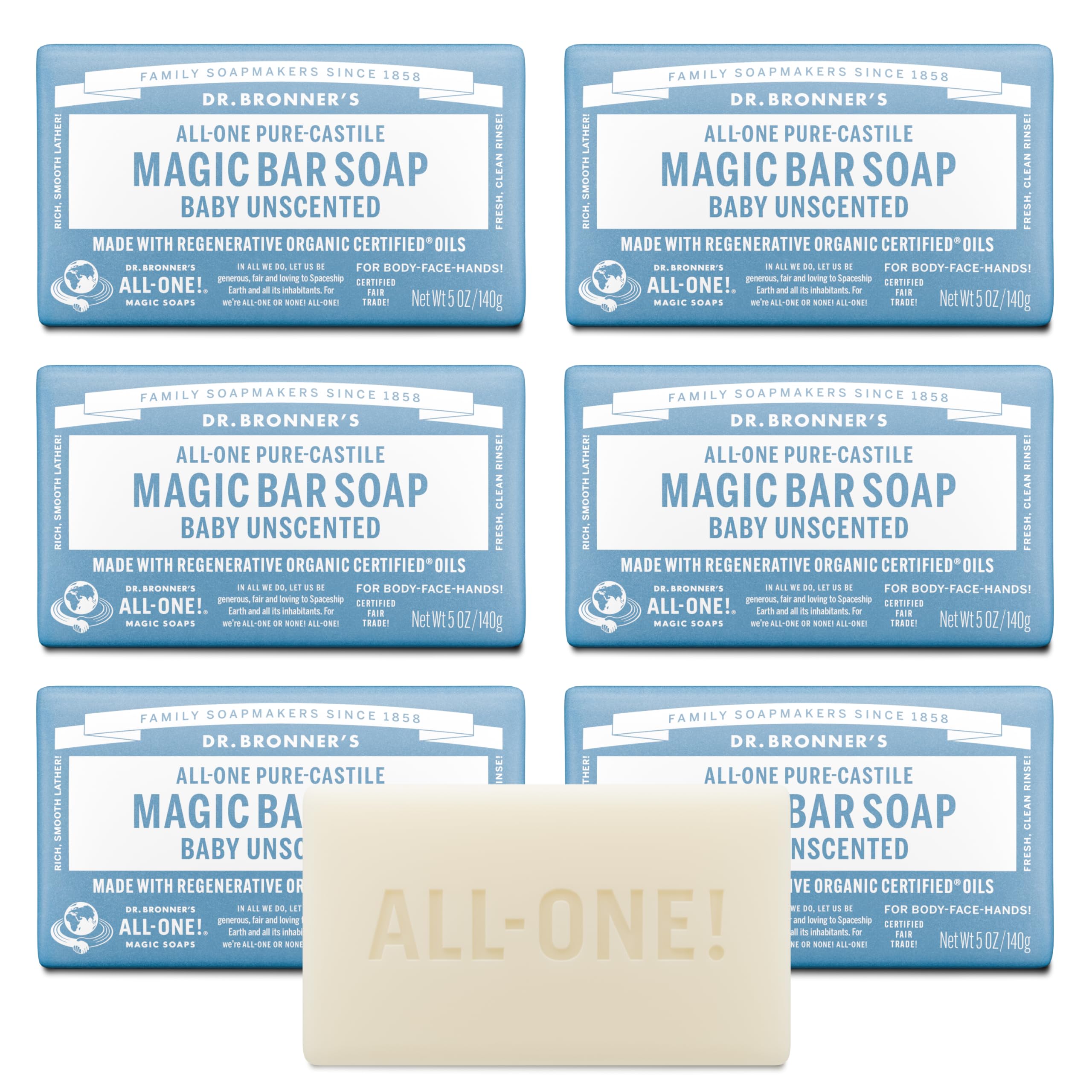 Dr. Bronner's Pure-Castile Magic Bar Baby Unscented packaging shows recycled wrap for planet-friendly daily use.