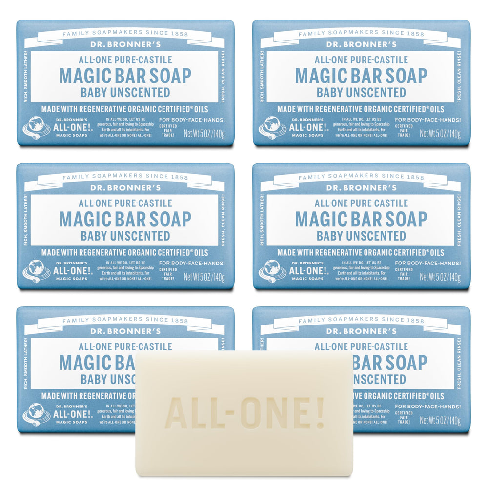Dr. Bronner's Pure-Castile Magic Bar Baby Unscented packaging shows recycled wrap for planet-friendly daily use.