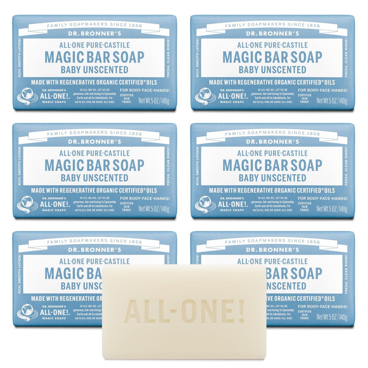 Dr. Bronner's Pure-Castile Magic Bar Baby Unscented packaging shows recycled wrap for planet-friendly daily use.
