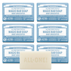 Dr. Bronner's Pure-Castile Magic Bar Baby Unscented packaging shows recycled wrap for planet-friendly daily use.