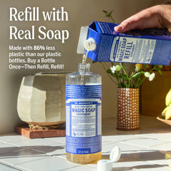 Dr. Bronner’s Peppermint bottle pour shows cooling, quick rinse for hands.