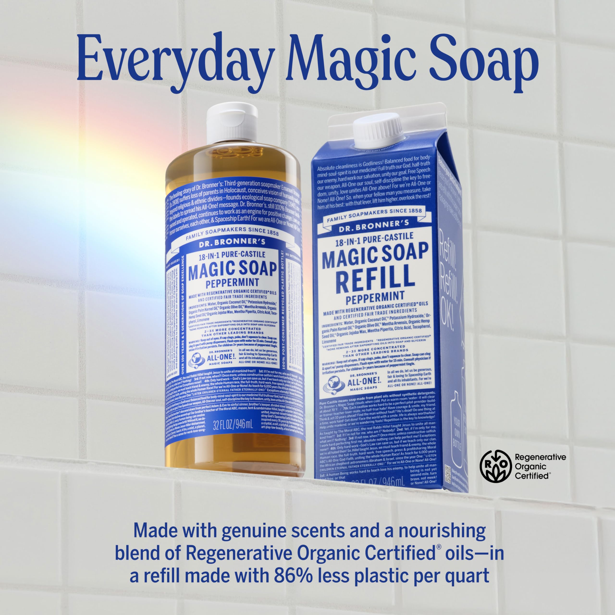 Dr. Bronner’s Peppermint refill carton minimizes waste with convenient reuse.