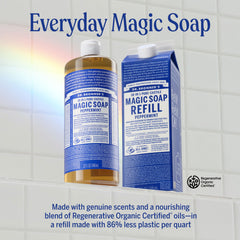 Dr. Bronner’s Peppermint refill carton minimizes waste with convenient reuse.