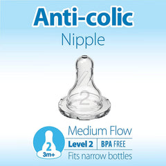 Dr. Brown's 2 Natural Flow Level 2 nipple flow design demonstrates steady milk pace
