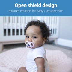 Dr. Brown's Advantage Glow pacifier open shield enables breathable contact with skin.