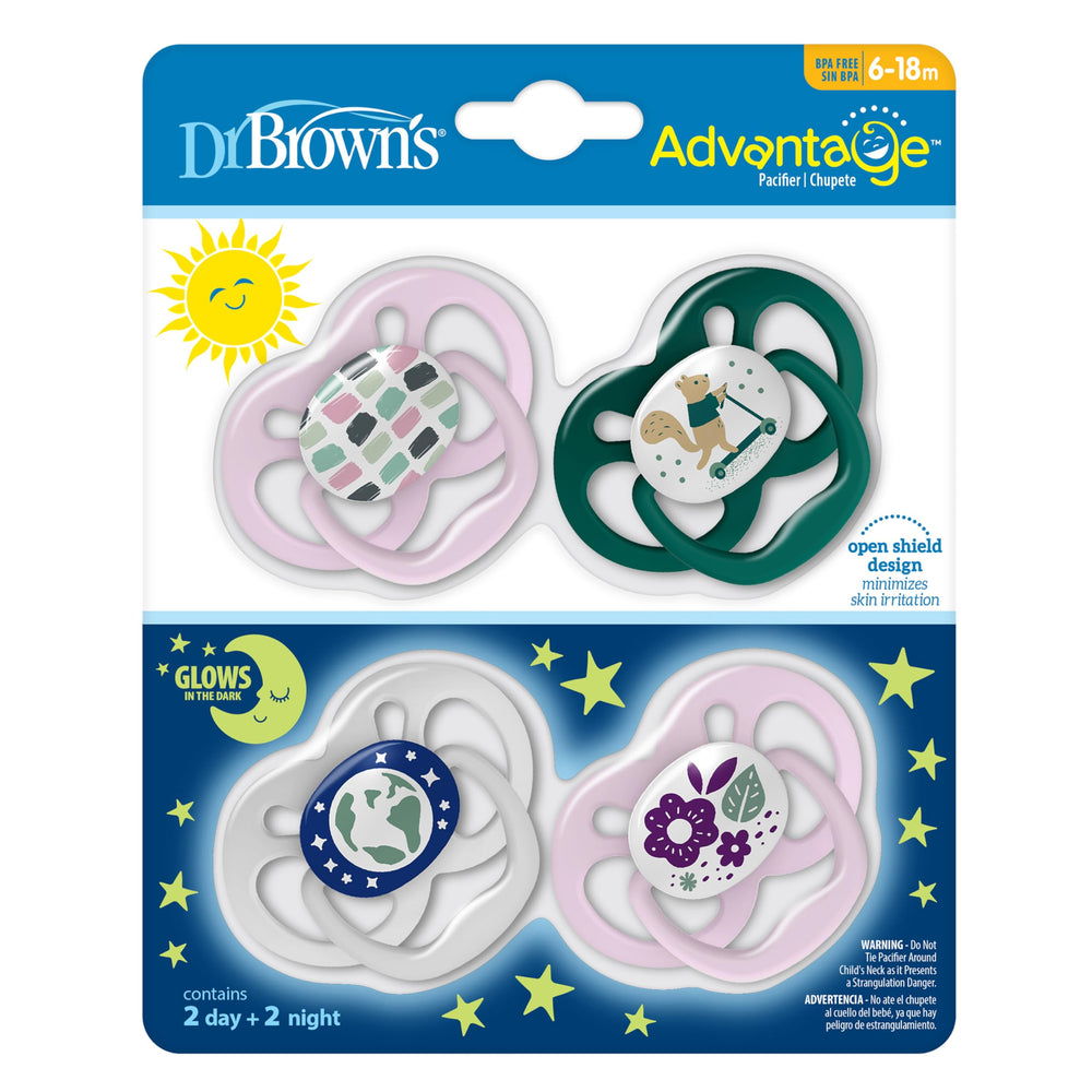 Dr. Brown's Advantage Glow pacifier two-stage design supports growing babies 0-6m.