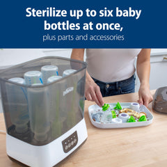 Dr. Brown's sterilizer-dryer with bottle parts tray for comprehensive cleaning of components.
