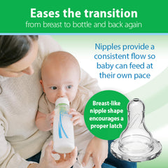 Dr. Brown's narrow glass bottle shows heat-resistant borosilicate glass.