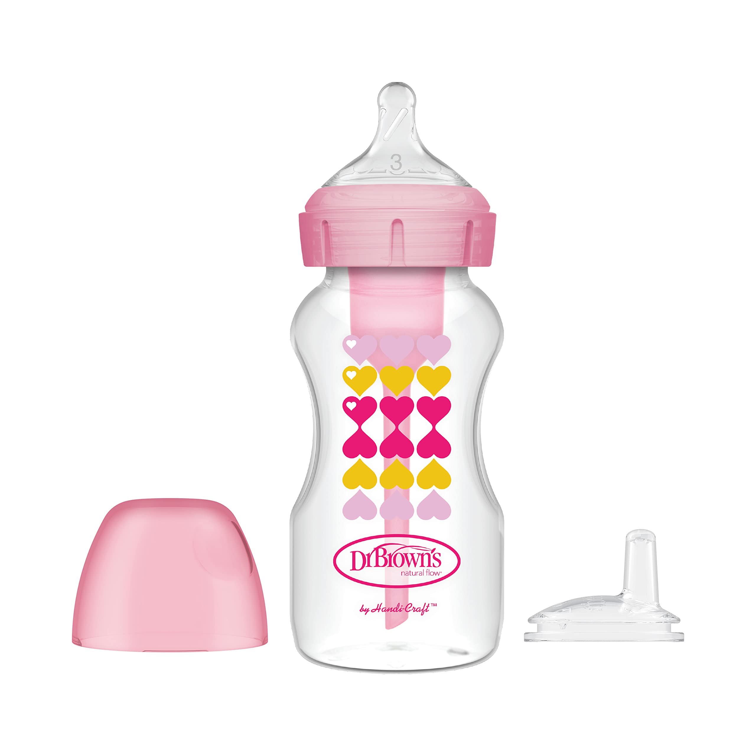 Dr. Brown's anti-colic sippy bottle front view promotes easy transition