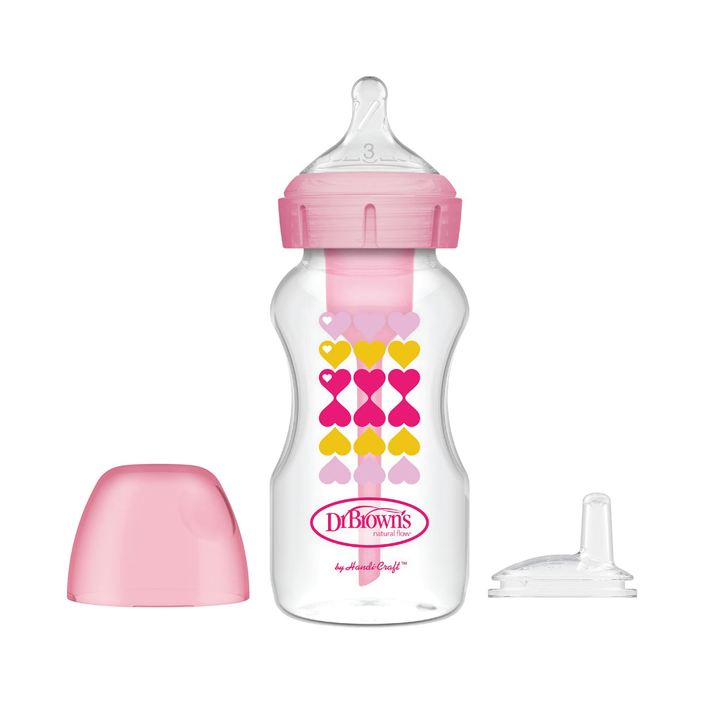 Dr. Brown's anti-colic sippy bottle front view promotes easy transition