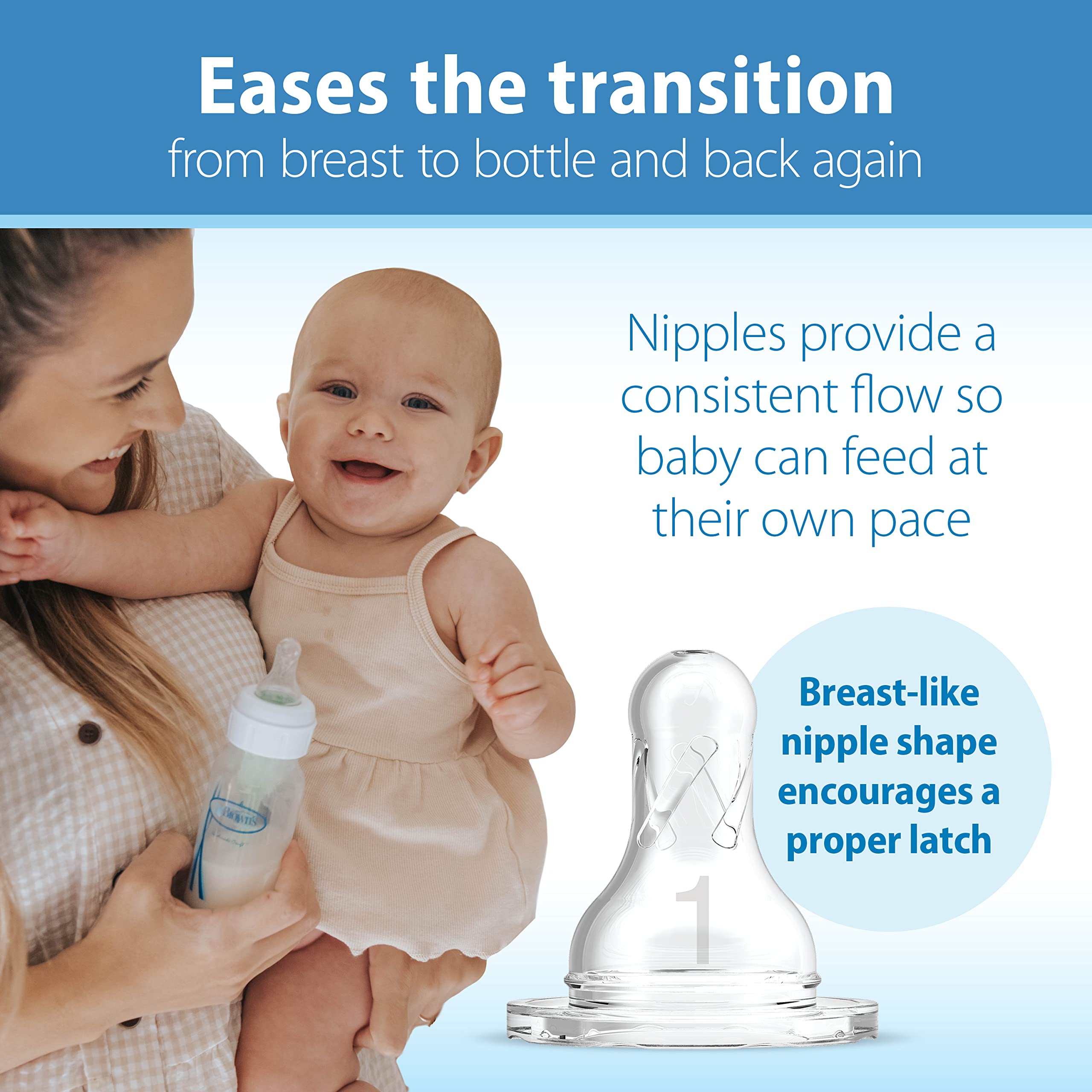 Dr. Brown's breast-like nipple closeup promotes proper latch for natural feeding