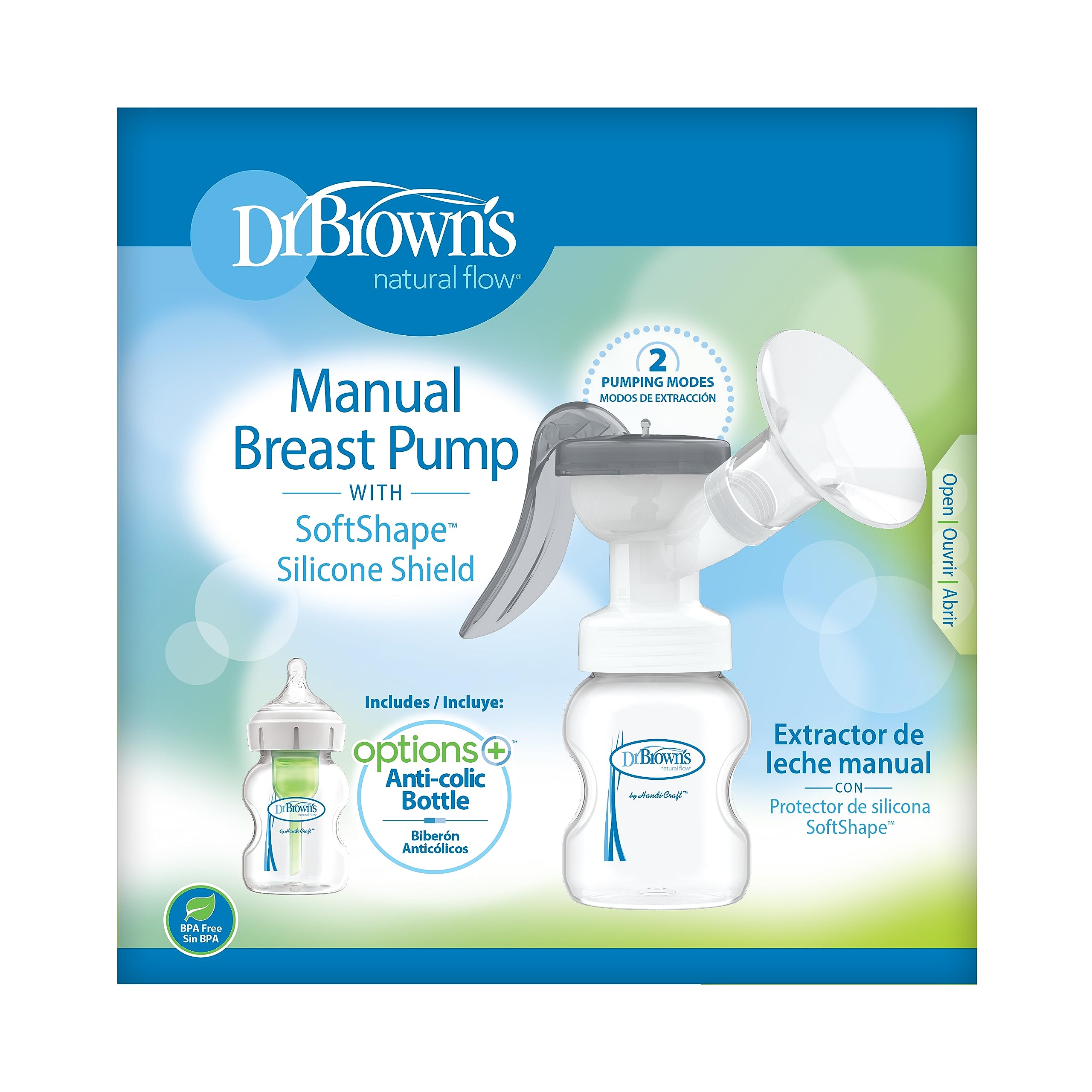 Dr. Brown's pump features a curved handle for easy one-handed pumping