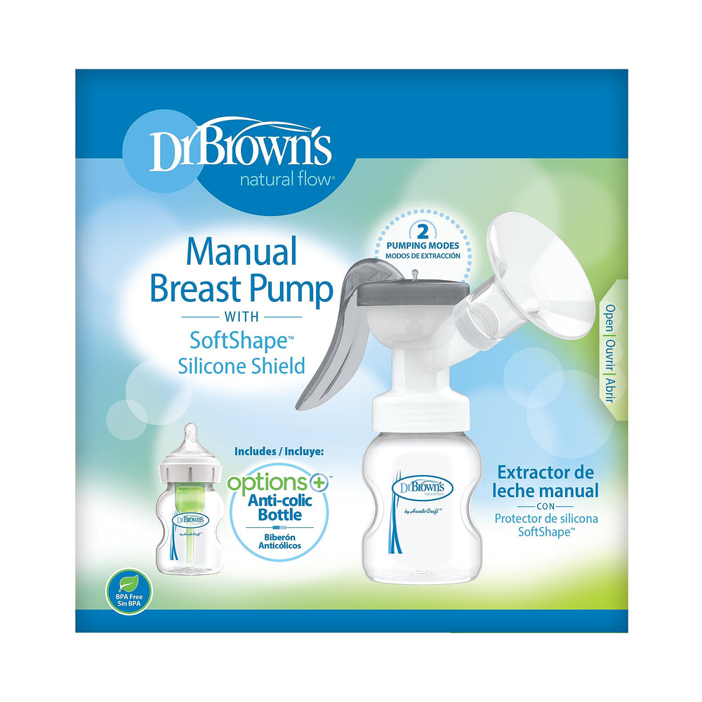 Dr. Brown's pump features a curved handle for easy one-handed pumping