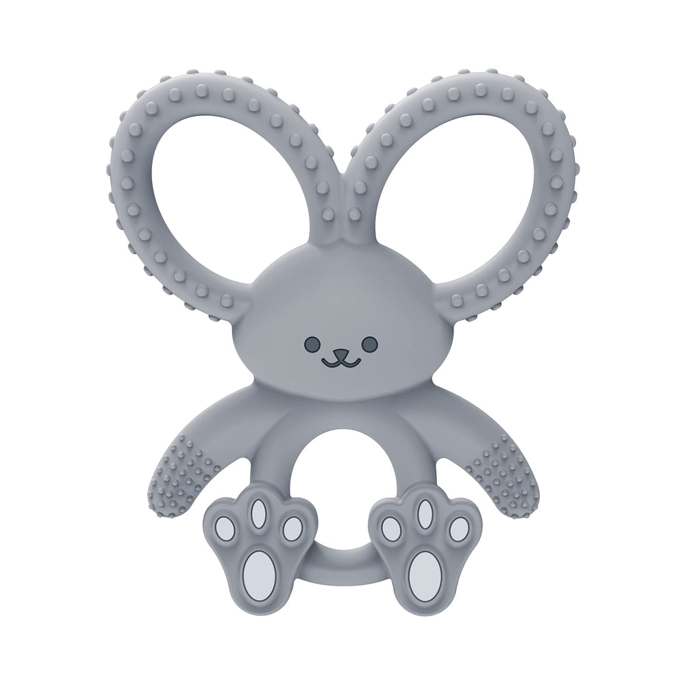Dr. Brown's Flexees Bunny Teether gray closeup showing soft silicone for gum soothing.