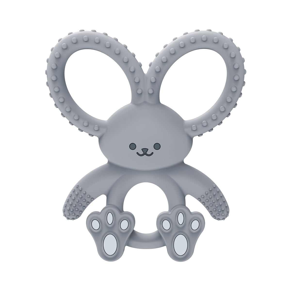 Dr. Brown's Flexees Bunny Teether gray closeup showing soft silicone for gum soothing.