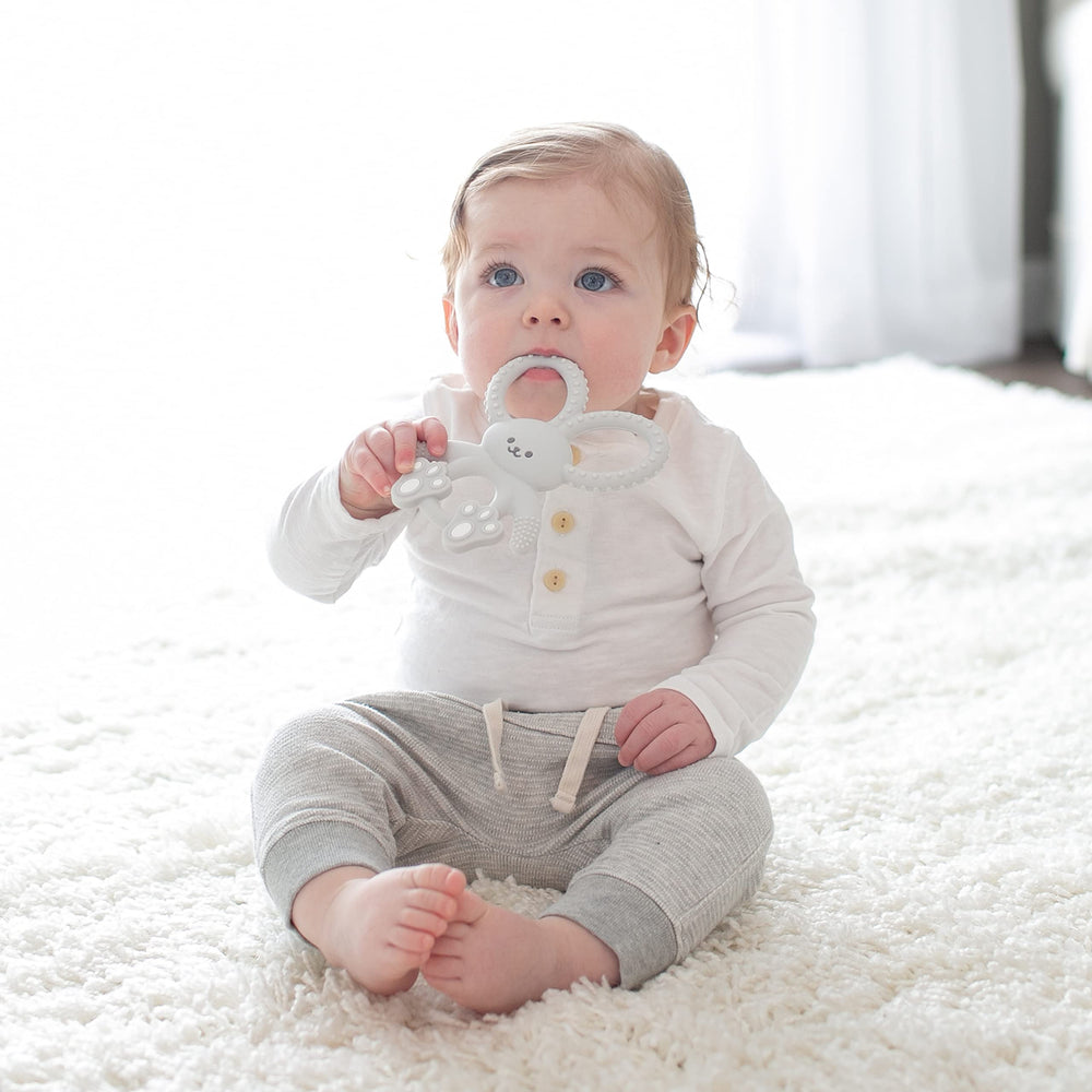 Dr. Brown's Flexees Bunny Teether gray cooling use for extra sore teething days.