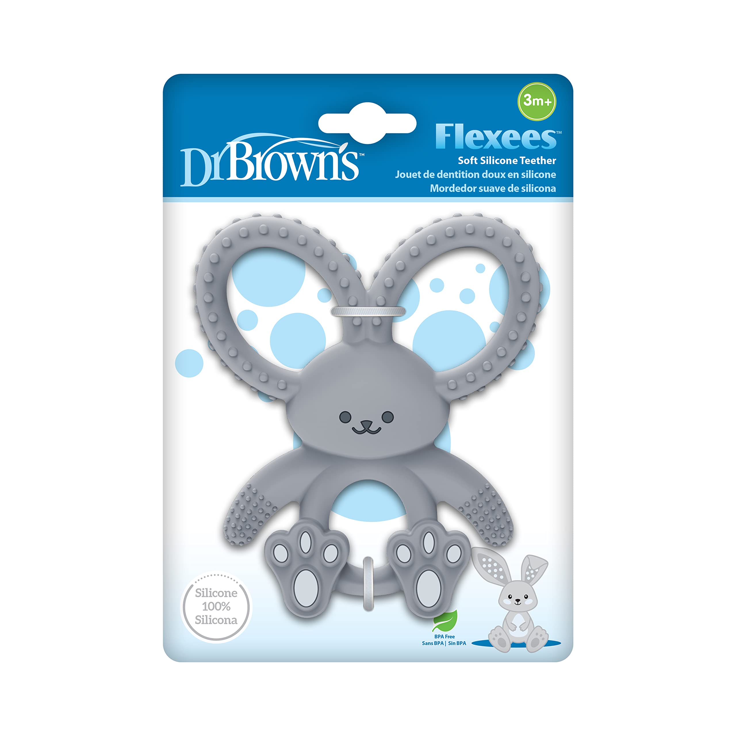 Dr. Brown's Flexees Bunny Teether gray side view highlighting reach to molars.