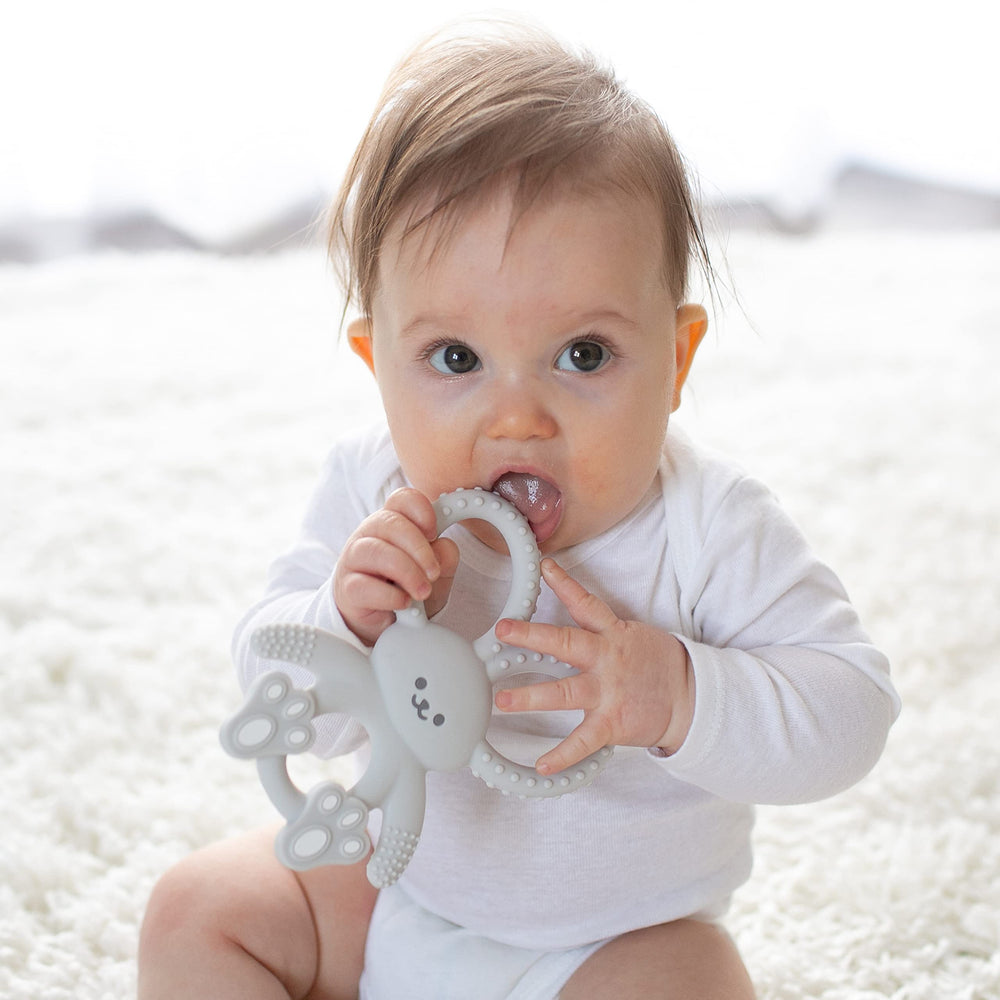 Dr. Brown's Flexees Bunny Teether gray textured arms provide gum massage.