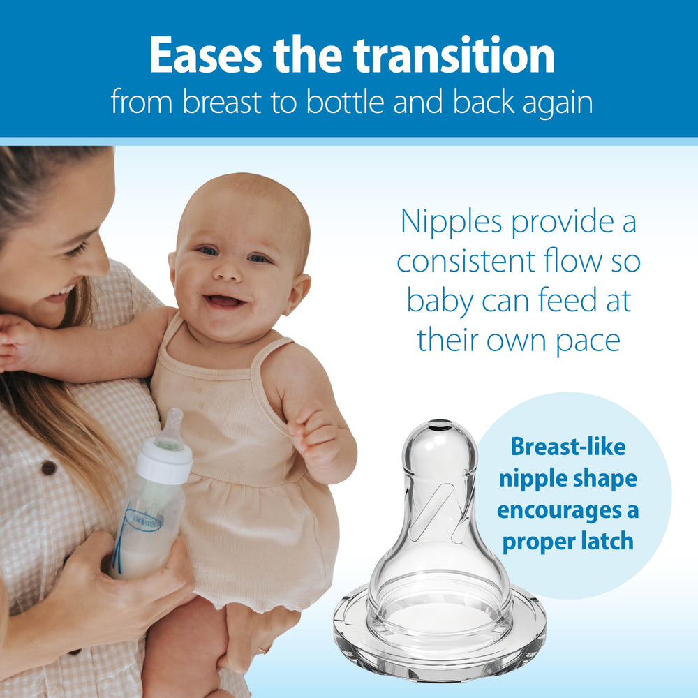 Dr. Brown's Level 1 slow-flow nipple promotes steady, controlled feeding.