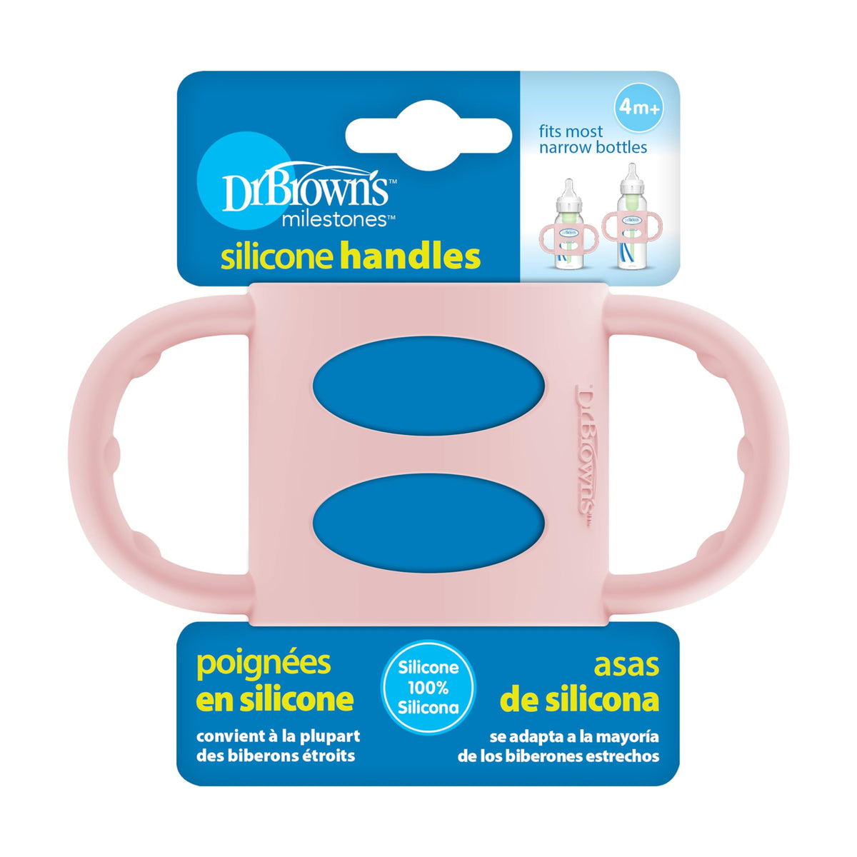 Dr. Brown's narrow bottle handles pink on bottle provide easy grip for tiny hands.
